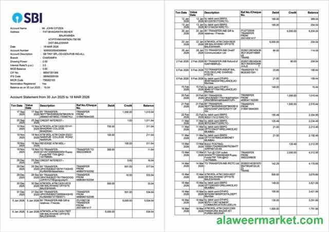 India State Bank of India account statement Word and PDF template, 2 pages